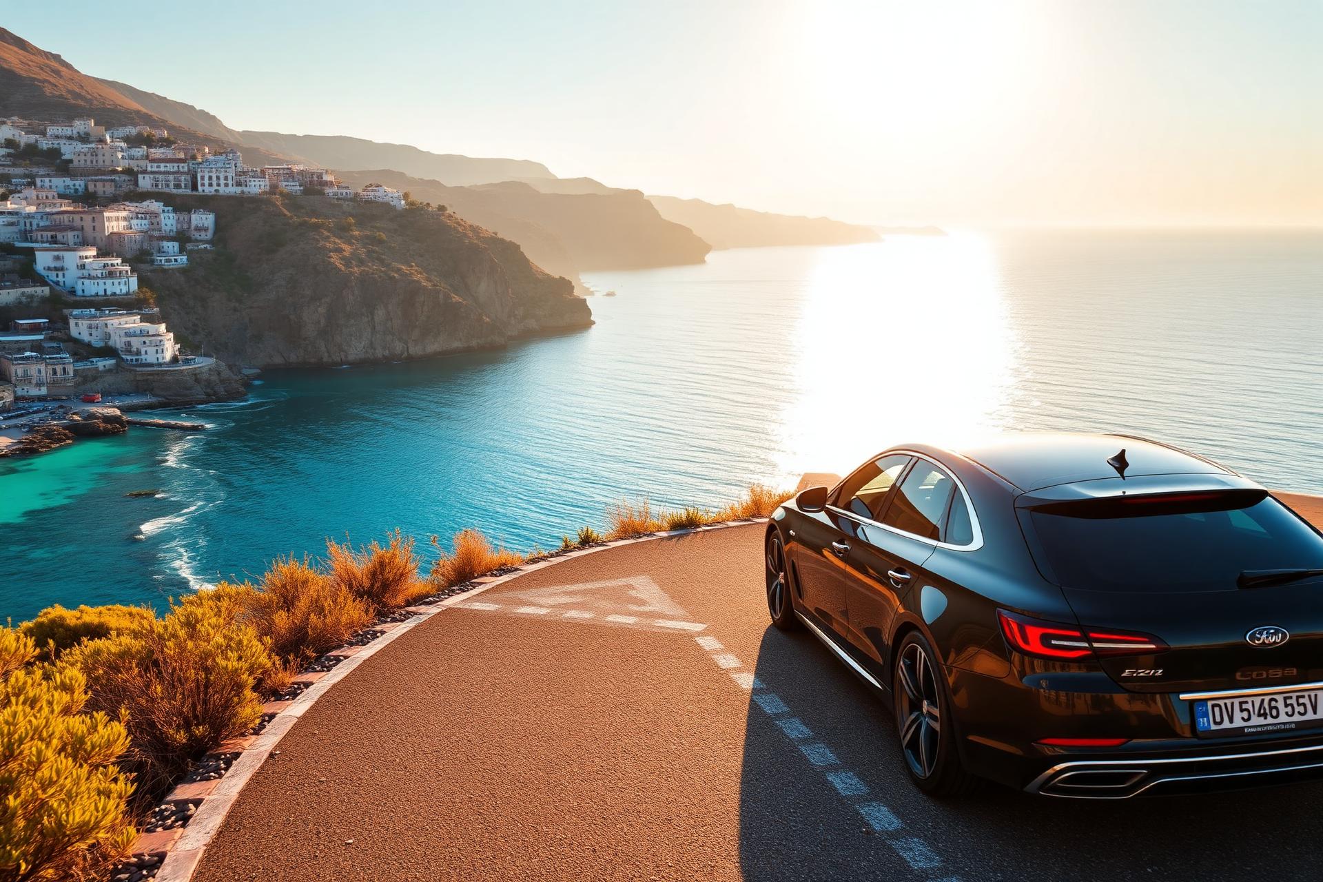 Mediterranean coastal road with luxury car
